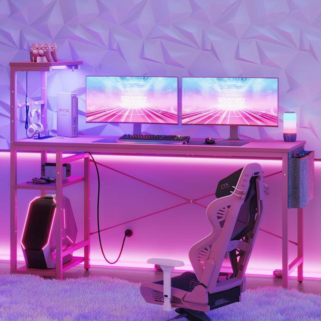 Alt view image 5 of 7 - Bestier 61.3 Inch Gaming Desk, 4 Tier Shelf Computer Desk with USB Socket, LED Lighting, Side Storage Bag and Accessories Hanger for Gaming and Working, Pink 3D Carbon Fiber
