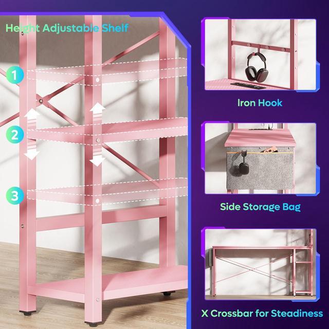 Alt view image 6 of 7 - Bestier 61.3 Inch Gaming Desk, 4 Tier Shelf Computer Desk with USB Socket, LED Lighting, Side Storage Bag and Accessories Hanger for Gaming and Working, Pink 3D Carbon Fiber