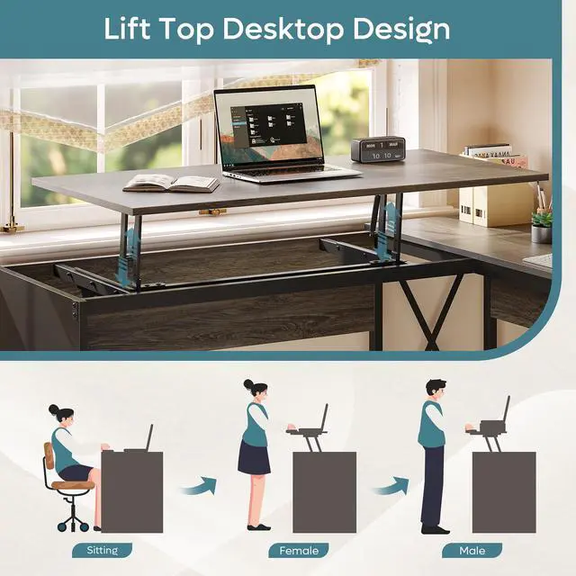 Alt view image 4 of 7 - Bestier 95.2" Lift Top L-Shaped Desk with Storage Drawers, 9 Inch Lift Standing Office Desk with Movable Computer Monitor Stand, Dark Gray