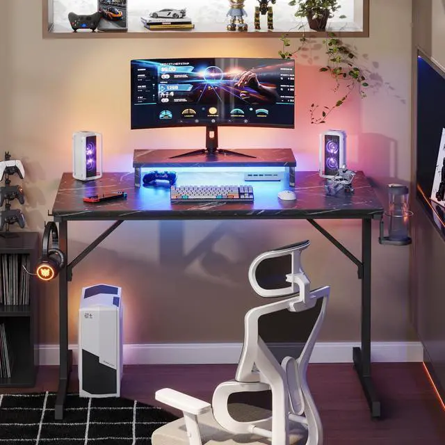 Alt view image 5 of 7 - Bestier Small Gaming Desk with Monitor Stand, 42 inch LED Computer Desk, Gamer Workstation with Cup Holder & Headset Hooks for Home Office, Black Marble