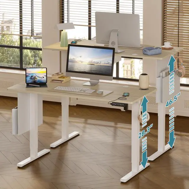 Alt view image 2 of 7 - Bestier 55 Inch Electric Standing Desk, Adjustable Height Computer Desk with Side Storage Bag and Headphone Hook for Home Office, Oak & White