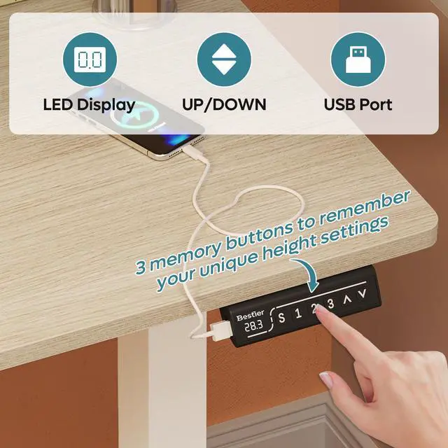 Alt view image 5 of 7 - Bestier 55 Inch Electric Standing Desk, Adjustable Height Computer Desk with Side Storage Bag and Headphone Hook for Home Office, Oak & White