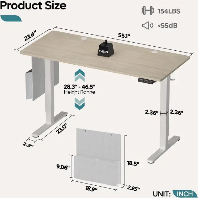 Alt view image 7 of 7 - Bestier 55 Inch Electric Standing Desk, Adjustable Height Computer Desk with Side Storage Bag and Headphone Hook for Home Office, Oak & White