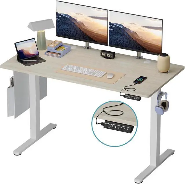 Main image of Bestier 55 Inch Electric Standing Desk, Adjustable Height Computer Desk with Side Storage Bag and Headphone Hook for Home Office, Oak & White