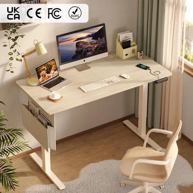 Alt view image 6 of 7 - Bestier 55 Inch Electric Standing Desk, Adjustable Height Computer Desk with Side Storage Bag and Headphone Hook for Home Office, Oak & White