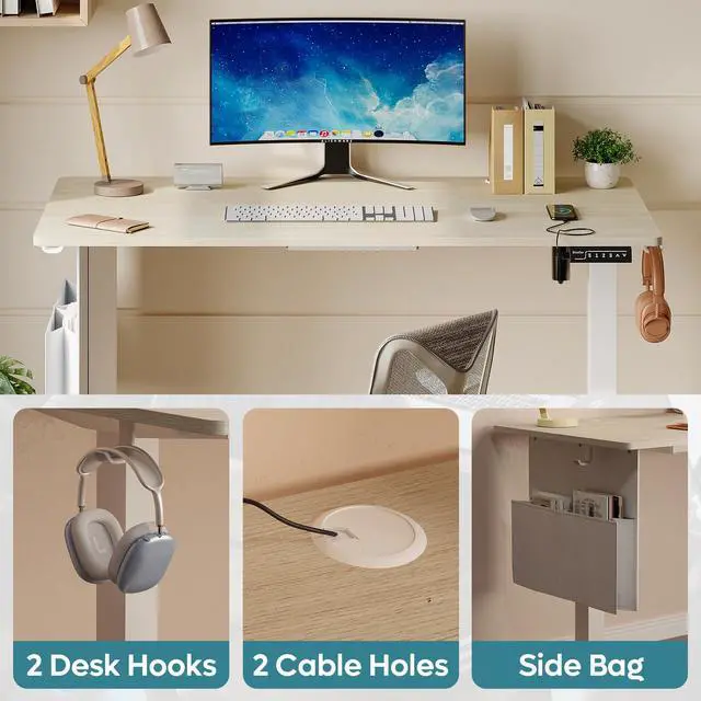Alt view image 4 of 7 - Bestier 55 Inch Electric Standing Desk, Adjustable Height Computer Desk with Side Storage Bag and Headphone Hook for Home Office, Oak & White