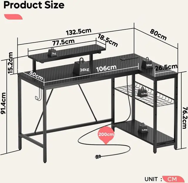 Alt view image 7 of 7 - Bestier 52" Gaming Desk with Power Outlet & USB Ports, Reversible Small L Shaped Computer Desk with LED Strip & Headset Hooks for Home Office, Carbon Fiber Black