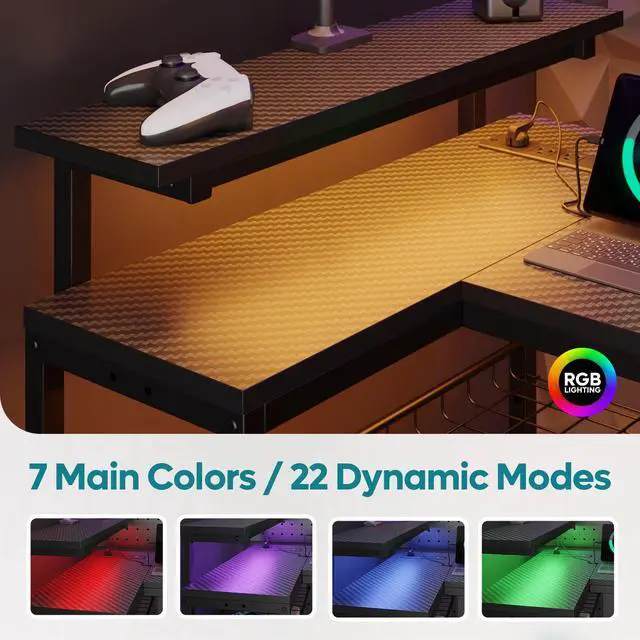 Alt view image 4 of 7 - Bestier 52" Gaming Desk with Power Outlet & USB Ports, Reversible Small L Shaped Computer Desk with LED Strip & Headset Hooks for Home Office, Carbon Fiber Black