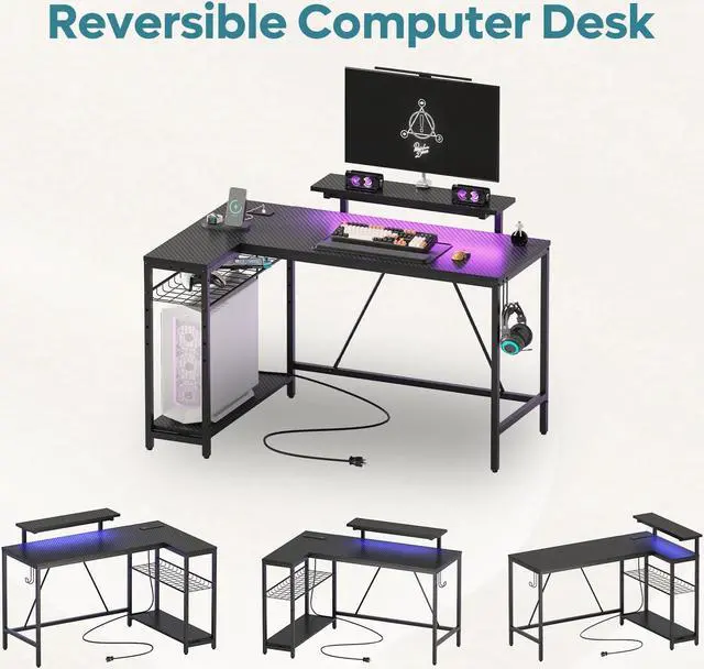 Alt view image 5 of 7 - Bestier 52" Gaming Desk with Power Outlet & USB Ports, Reversible Small L Shaped Computer Desk with LED Strip & Headset Hooks for Home Office, Carbon Fiber Black