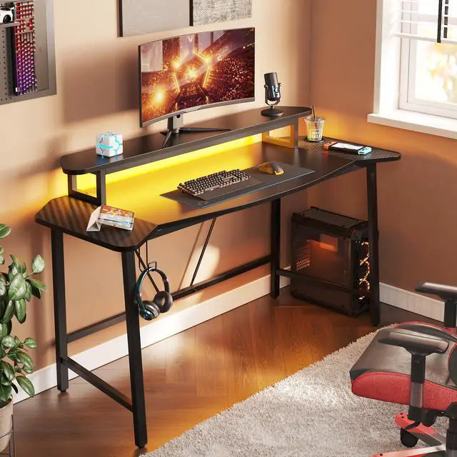 Alt view image 3 of 7 - Bestier 63 Ergonomic Gaming Desk with Monitor Stand & LED Lights, Computer Desk with Cup Holder, Headphone Hooks, Modern Gamer Workstation for Home Office, Black