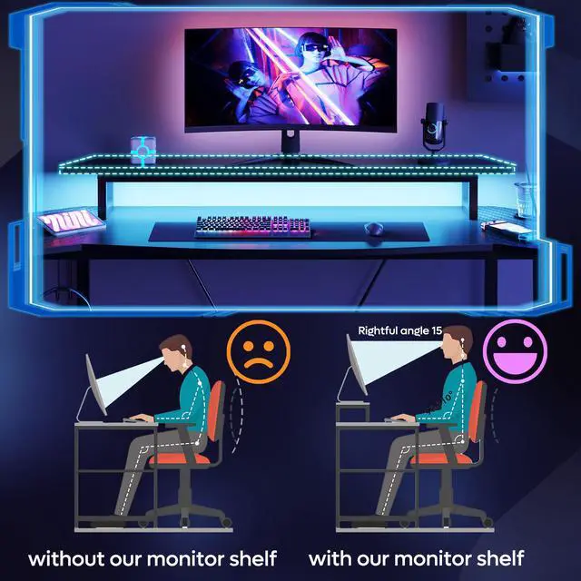 Alt view image 5 of 7 - Bestier 63 Ergonomic Gaming Desk with Monitor Stand & LED Lights, Computer Desk with Cup Holder, Headphone Hooks, Modern Gamer Workstation for Home Office, Black