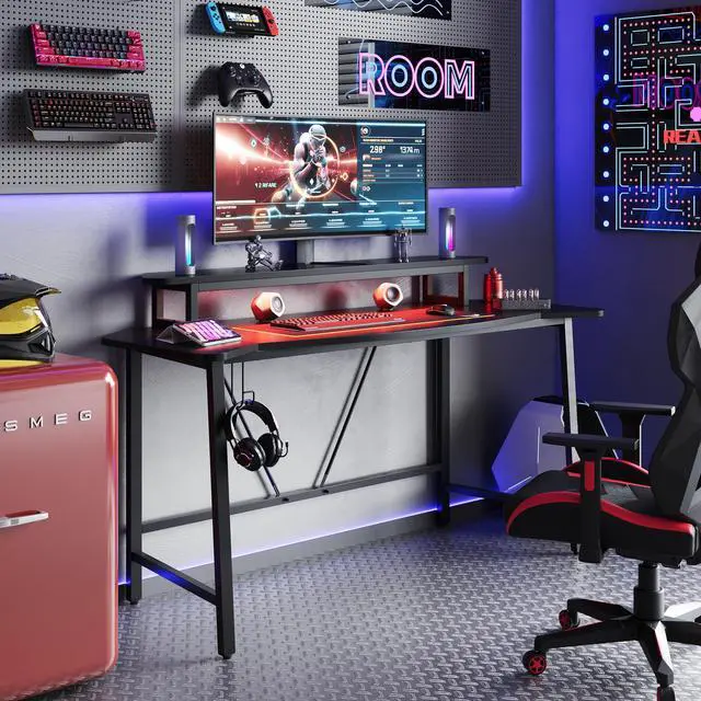 Alt view image 6 of 7 - Bestier 63 Ergonomic Gaming Desk with Monitor Stand & LED Lights, Computer Desk with Cup Holder, Headphone Hooks, Modern Gamer Workstation for Home Office, Black
