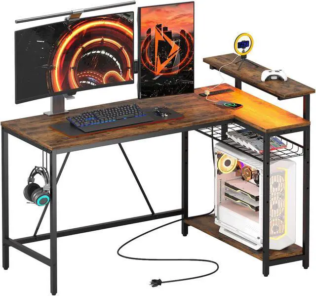 Alt view image 2 of 7 - Bestier 52" Gaming Desk with Power Outlet & USB Ports, Reversible Small L Shaped Computer Desk with LED Strip & Headset Hooks for Home Office, Rustic Brown