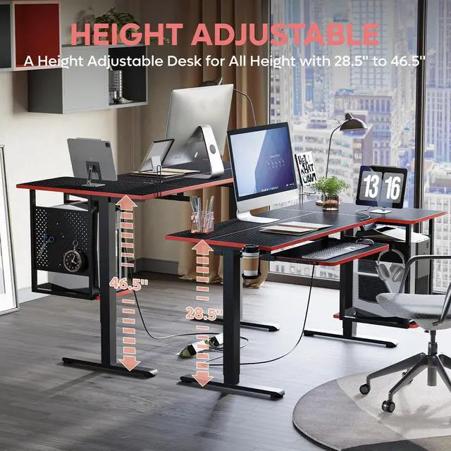 Alt view image 2 of 7 - Bestier 58 Inch Electric Standing Desk, Adjustable Height Computer Desk with Keyboard Tray & Host Shelf for Home Office, Carbon Fiber Black