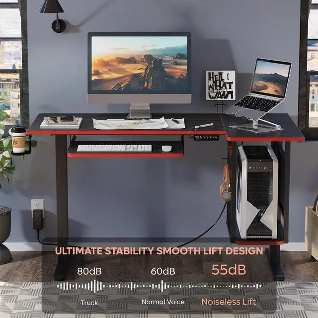 Alt view image 5 of 7 - Bestier 58 Inch Electric Standing Desk, Adjustable Height Computer Desk with Keyboard Tray & Host Shelf for Home Office, Carbon Fiber Black