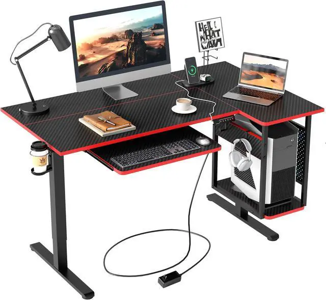 Main image of Bestier 58 Inch Electric Standing Desk, Adjustable Height Computer Desk with Keyboard Tray & Host Shelf for Home Office, Carbon Fiber Black