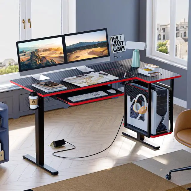 Alt view image 6 of 7 - Bestier 58 Inch Electric Standing Desk, Adjustable Height Computer Desk with Keyboard Tray & Host Shelf for Home Office, Carbon Fiber Black