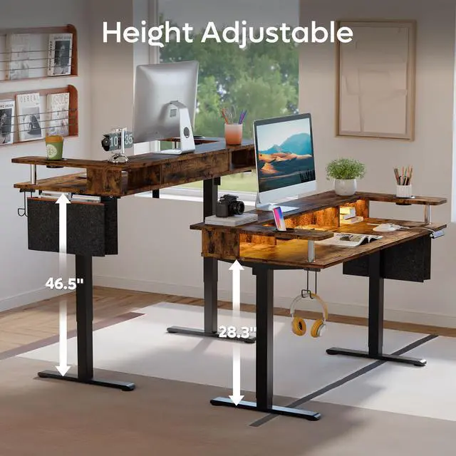 Alt view image 4 of 7 - Bestier LED Electric Standing Desk Adjustable Height, 58x26 Inch Large Sit Stand Desk with Monitor Stand, Ergonomic Rising Desk for Home Office Workstation, Headphone Hook Storage Bag, Rustic Brown