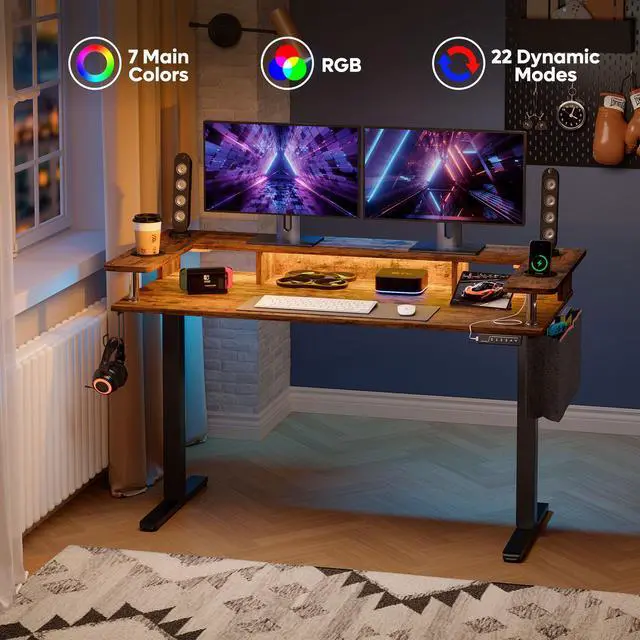Alt view image 3 of 7 - Bestier LED Electric Standing Desk Adjustable Height, 58x26 Inch Large Sit Stand Desk with Monitor Stand, Ergonomic Rising Desk for Home Office Workstation, Headphone Hook Storage Bag, Rustic Brown