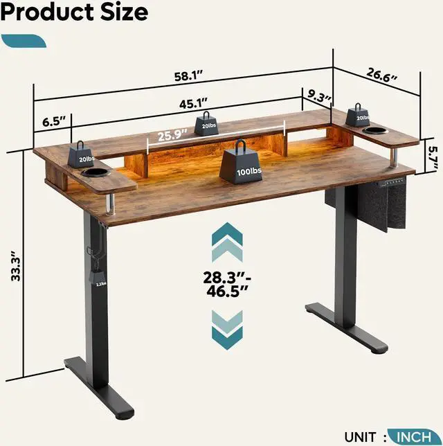 Alt view image 2 of 7 - Bestier LED Electric Standing Desk Adjustable Height, 58x26 Inch Large Sit Stand Desk with Monitor Stand, Ergonomic Rising Desk for Home Office Workstation, Headphone Hook Storage Bag, Rustic Brown