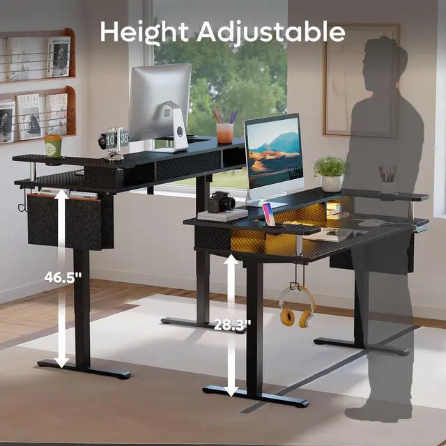 Alt view image 4 of 7 - Bestier LED Electric Standing Desk Adjustable Height, 58x26 Inch Large Sit Stand Desk with Monitor Stand, Ergonomic Rising Office Workstation, Headphone Hook & Storage Bag