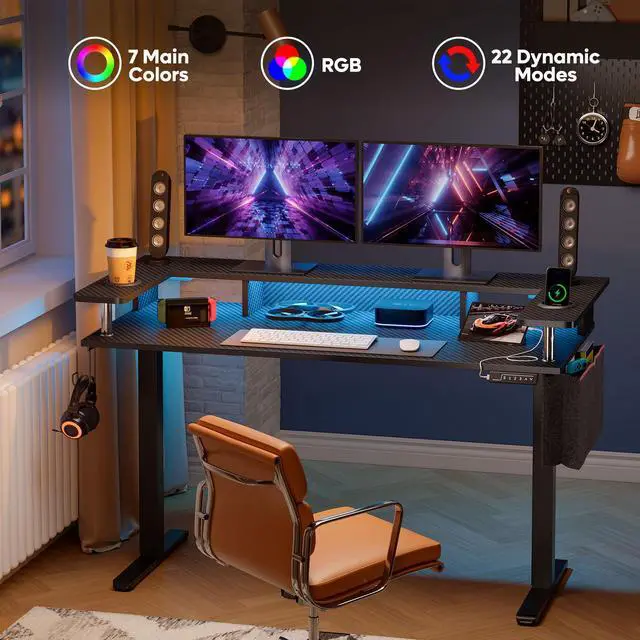 Alt view image 3 of 7 - Bestier LED Electric Standing Desk Adjustable Height, 58x26 Inch Large Sit Stand Desk with Monitor Stand, Ergonomic Rising Office Workstation, Headphone Hook & Storage Bag