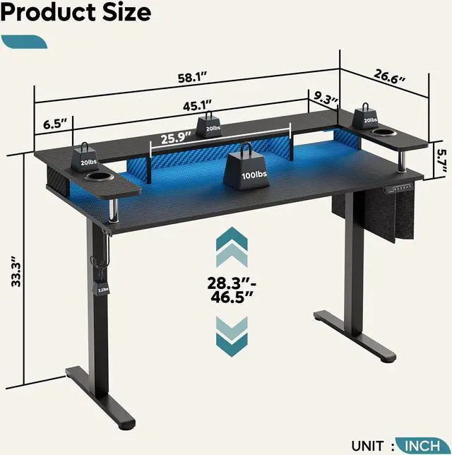 Alt view image 7 of 7 - Bestier LED Electric Standing Desk Adjustable Height, 58x26 Inch Large Sit Stand Desk with Monitor Stand, Ergonomic Rising Office Workstation, Headphone Hook & Storage Bag