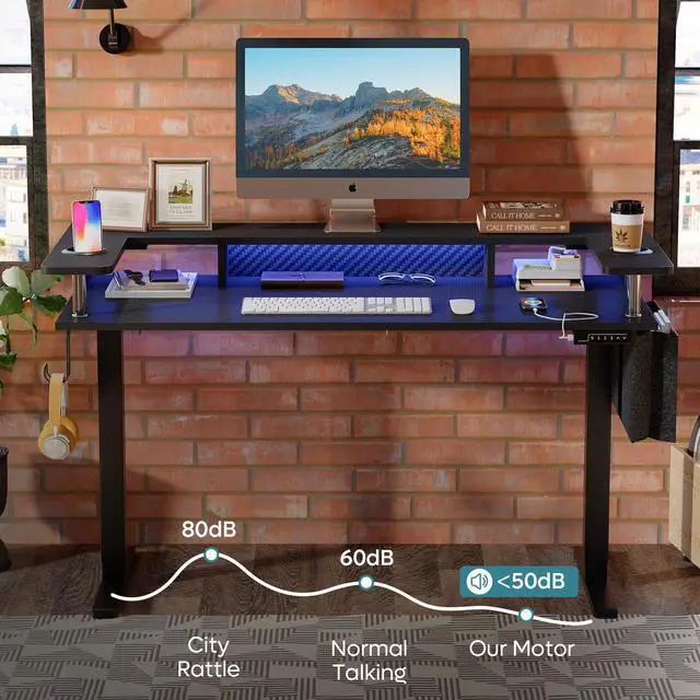 Alt view image 2 of 7 - Bestier LED Electric Standing Desk Adjustable Height, 58x26 Inch Large Sit Stand Desk with Monitor Stand, Ergonomic Rising Office Workstation, Headphone Hook & Storage Bag