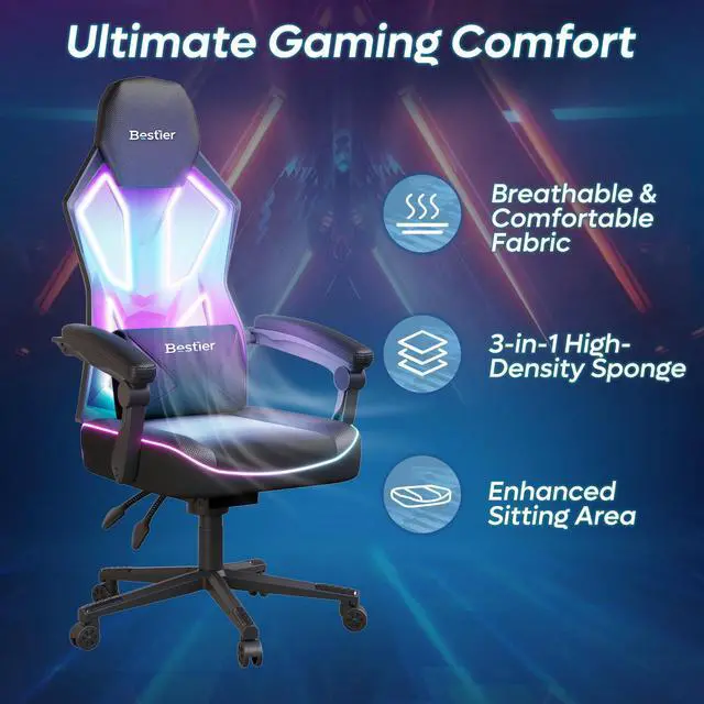 Alt view image 4 of 7 - Bestier RGB LED Gaming Chair with Pocket Spring Cushion and  Adjustable Lumbar Support, Ergonomic Breathable Fabric Computer Office Chair for Gaming Room, Study or Bedroom, Black