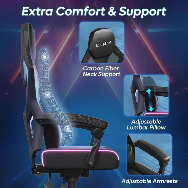 Alt view image 3 of 7 - Bestier RGB LED Gaming Chair with Pocket Spring Cushion and  Adjustable Lumbar Support, Ergonomic Breathable Fabric Computer Office Chair for Gaming Room, Study or Bedroom, Black