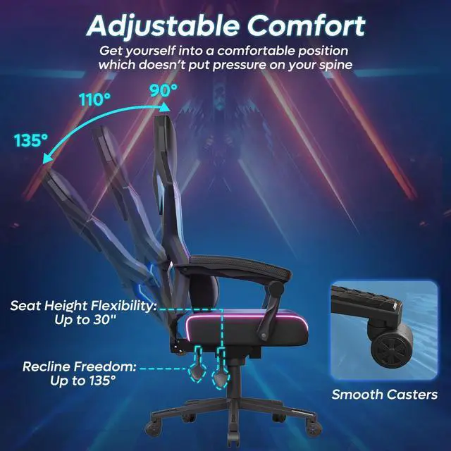 Alt view image 2 of 7 - Bestier RGB LED Gaming Chair with Pocket Spring Cushion and  Adjustable Lumbar Support, Ergonomic Breathable Fabric Computer Office Chair for Gaming Room, Study or Bedroom, Black