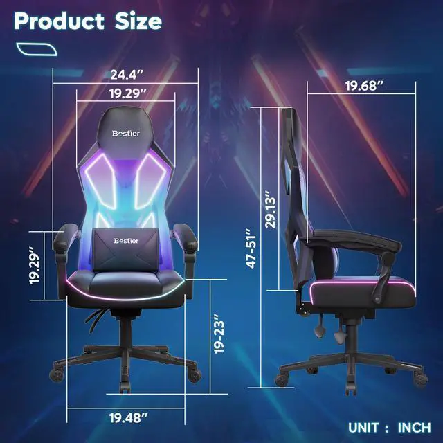 Alt view image 7 of 7 - Bestier RGB LED Gaming Chair with Pocket Spring Cushion and  Adjustable Lumbar Support, Ergonomic Breathable Fabric Computer Office Chair for Gaming Room, Study or Bedroom, Black
