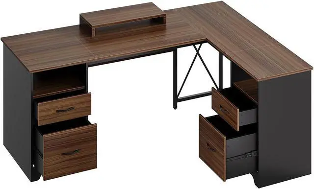 Alt view image 2 of 7 - Bestier 63 L Shaped Desk with 2 File Drawers & Monitor Stand, Reversible Computer Desk with 4 Storage Drawers, Home Office Desk, Corner Desk
