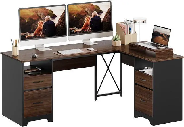 Alt view image 3 of 7 - Bestier 63 L Shaped Desk with 2 File Drawers & Monitor Stand, Reversible Computer Desk with 4 Storage Drawers, Home Office Desk, Corner Desk
