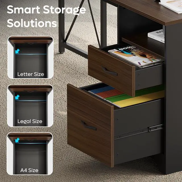 Alt view image 6 of 7 - Bestier 63 L Shaped Desk with 2 File Drawers & Monitor Stand, Reversible Computer Desk with 4 Storage Drawers, Home Office Desk, Corner Desk