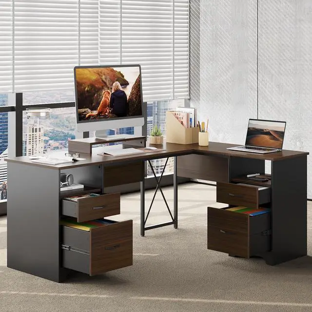 Main image of Bestier 63 L Shaped Desk with 2 File Drawers & Monitor Stand, Reversible Computer Desk with 4 Storage Drawers, Home Office Desk, Corner Desk