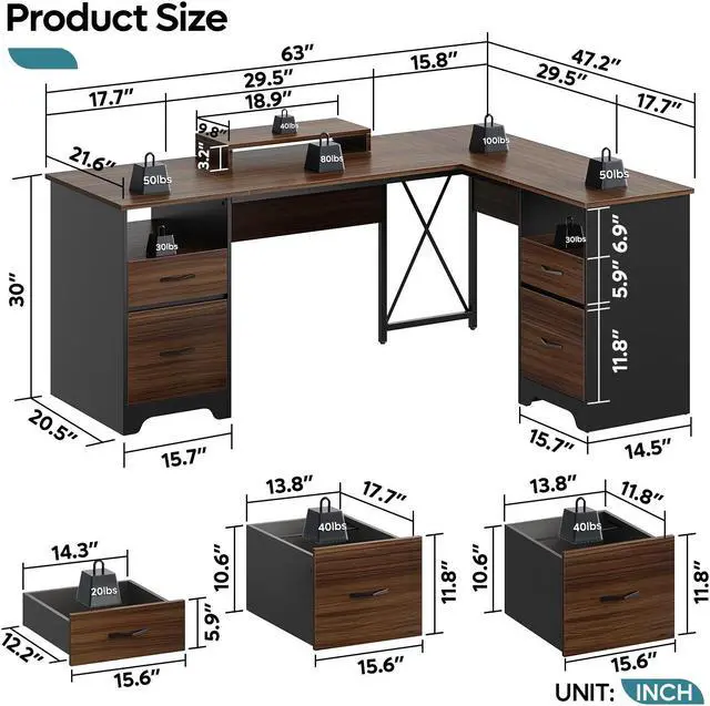 Alt view image 4 of 7 - Bestier 63 L Shaped Desk with 2 File Drawers & Monitor Stand, Reversible Computer Desk with 4 Storage Drawers, Home Office Desk, Corner Desk