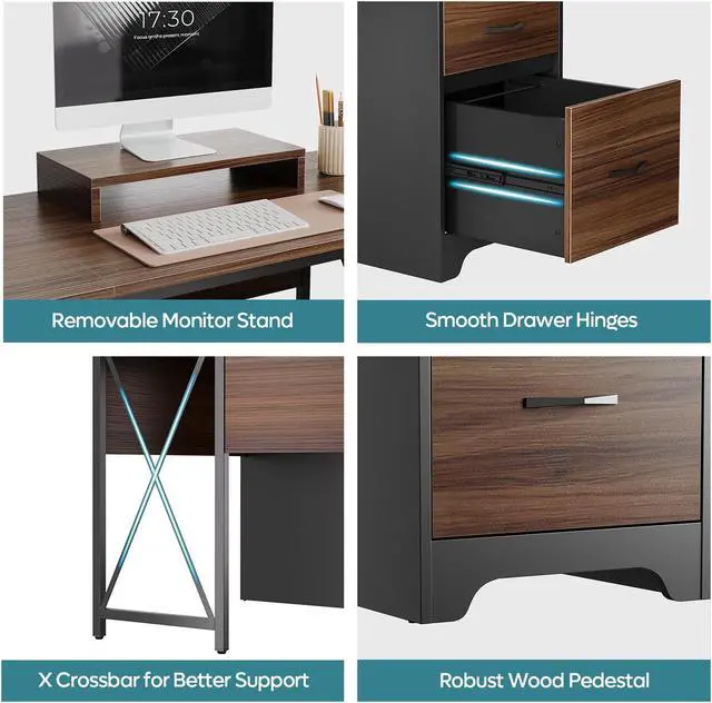 Alt view image 7 of 7 - Bestier 63 L Shaped Desk with 2 File Drawers & Monitor Stand, Reversible Computer Desk with 4 Storage Drawers, Home Office Desk, Corner Desk