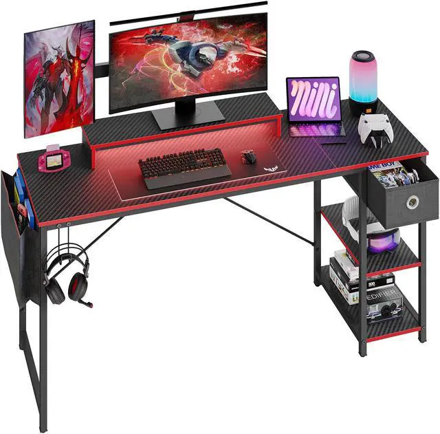 Alt view image 7 of 7 - Bestier 61 inch Gaming Desk with LED Lights & Monitor Stand, Reversible Computer Desk with Drawer & Storage Shelves, Carbon Fiber Black