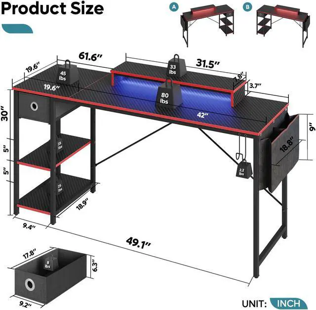 Alt view image 2 of 7 - Bestier 61 inch Gaming Desk with LED Lights & Monitor Stand, Reversible Computer Desk with Drawer & Storage Shelves, Carbon Fiber Black