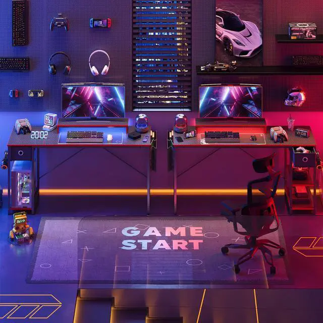 Alt view image 4 of 7 - Bestier 61 inch Gaming Desk with LED Lights & Monitor Stand, Reversible Computer Desk with Drawer & Storage Shelves, Carbon Fiber Black