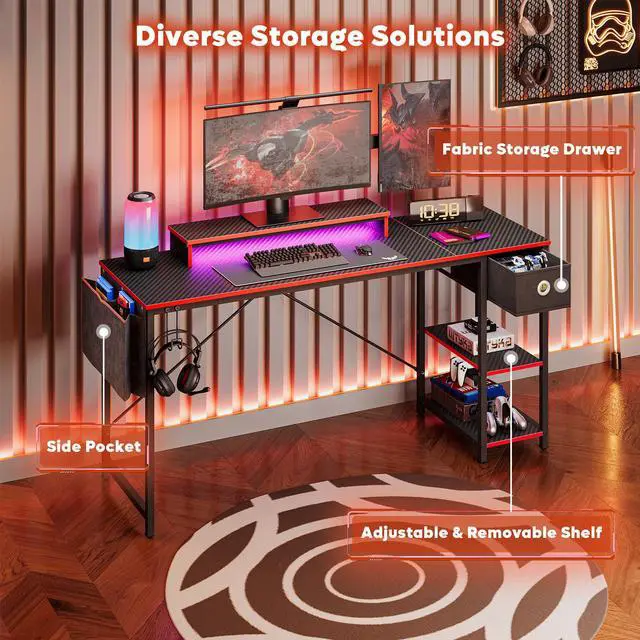 Alt view image 6 of 7 - Bestier 61 inch Gaming Desk with LED Lights & Monitor Stand, Reversible Computer Desk with Drawer & Storage Shelves, Carbon Fiber Black