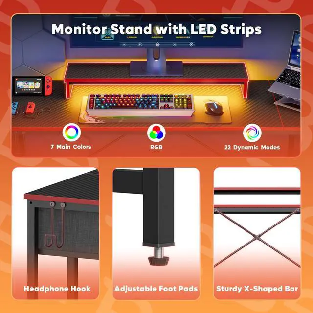 Alt view image 5 of 7 - Bestier 61 inch Gaming Desk with LED Lights & Monitor Stand, Reversible Computer Desk with Drawer & Storage Shelves, Carbon Fiber Black