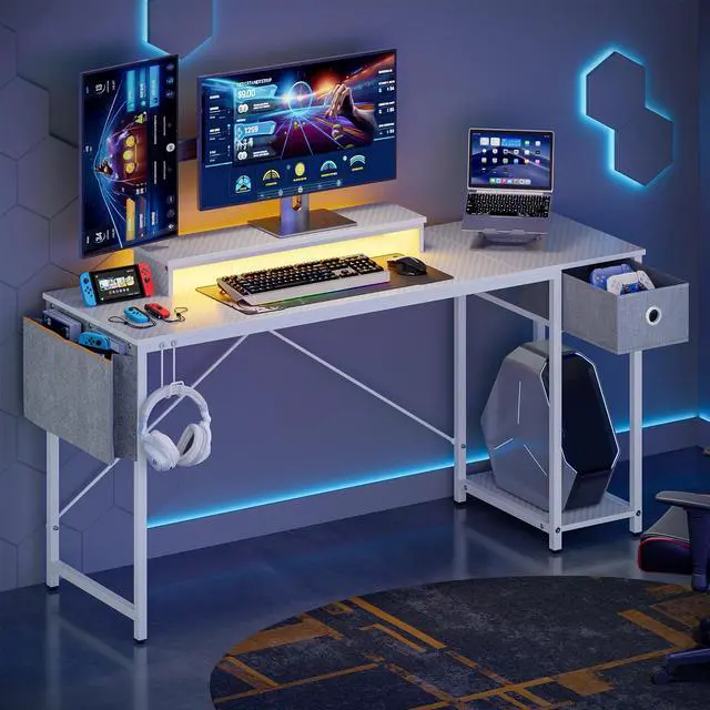 Alt view image 2 of 7 - Bestier 61 inch Gaming Desk with LED Lights & Monitor Stand, Reversible Computer Desk with Drawer & Storage Shelves, Carbon Fiber Black 61" White