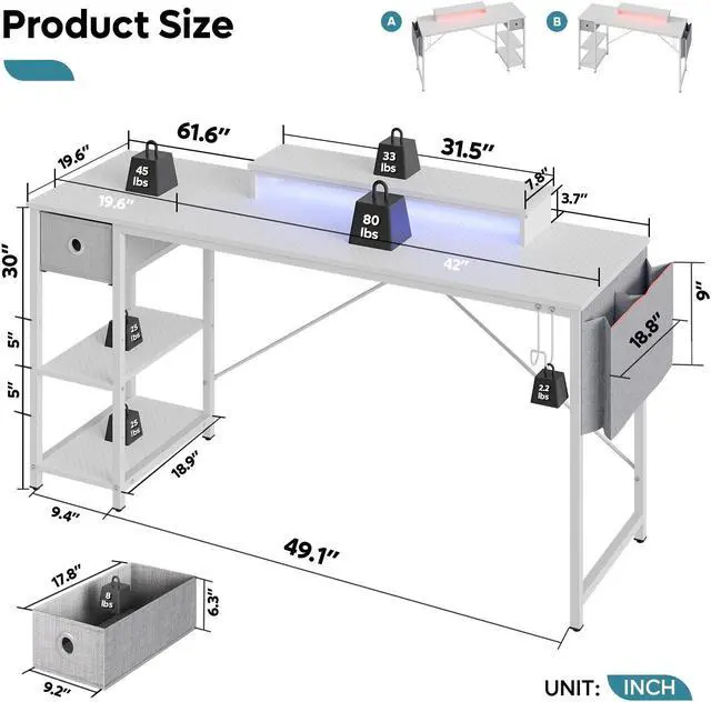 Alt view image 3 of 7 - Bestier 61 inch Gaming Desk with LED Lights & Monitor Stand, Reversible Computer Desk with Drawer & Storage Shelves, Carbon Fiber Black 61" White