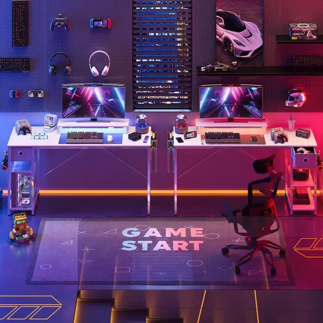 Alt view image 4 of 7 - Bestier 61 inch Gaming Desk with LED Lights & Monitor Stand, Reversible Computer Desk with Drawer & Storage Shelves, Carbon Fiber Black 61" White