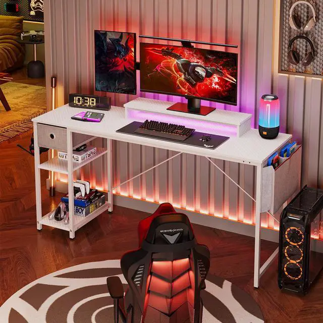 Alt view image 5 of 7 - Bestier 61 inch Gaming Desk with LED Lights & Monitor Stand, Reversible Computer Desk with Drawer & Storage Shelves, Carbon Fiber Black 61" White