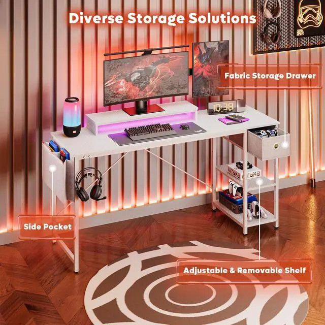 Alt view image 6 of 7 - Bestier 61 inch Gaming Desk with LED Lights & Monitor Stand, Reversible Computer Desk with Drawer & Storage Shelves, Carbon Fiber Black 61" White