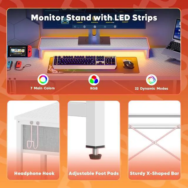 Alt view image 7 of 7 - Bestier 61 inch Gaming Desk with LED Lights & Monitor Stand, Reversible Computer Desk with Drawer & Storage Shelves, Carbon Fiber Black 61" White