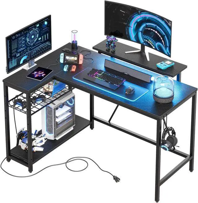 Alt view image 3 of 7 - Bestier 48" L-Shaped Gaming Desk with LED Lights, Power Outlets, and Monitor Stand Carbon Fiber Black
